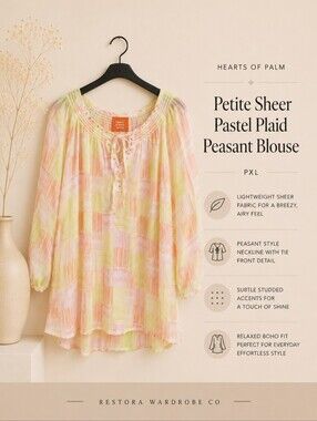 Hearts of Palm Petite Sheer Pastel Plaid Peasant Blouse PXL Boho Studded Top